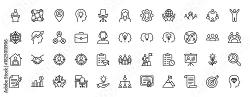 Business and management line icon set. vector pictograms of strategy, success, teamwork, leadership, and finance, thin linear illustration.
