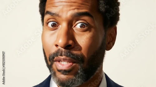 A close-up shot of a man looking surprised, wearing a dark suit. He has a dark beard