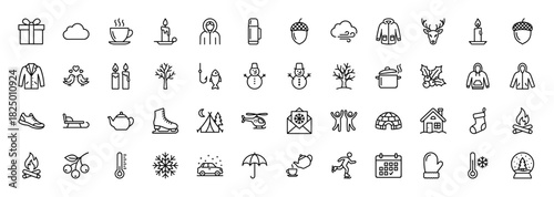 Winter and christmas line icon set. Vector pictograms of snowflake, snowman, bonfire, and warm clothing, thin linear illustration.