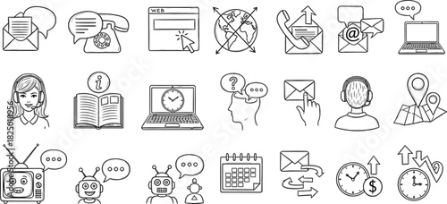 Comprehensive collection of hand-drawn doodle icons representing diverse forms of digital and traditional communication, customer service, online support, and business contact methods