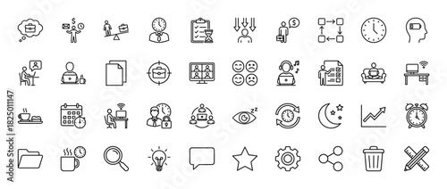 Productivity and time management line icon set. Vector pictograms of clock, briefcase, calendar, sleep, and workflow, thin linear illustration.