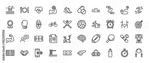 Fitness and sports outline icon set. Vector pictograms of gym equipment, activities, and health items, featuring a thin linear style illustration.