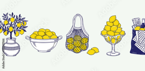 A delightful hand-drawn illustration collection showcasing vibrant yellow lemons presented in various stylish containers, perfect for a fresh and summery feel for design projects