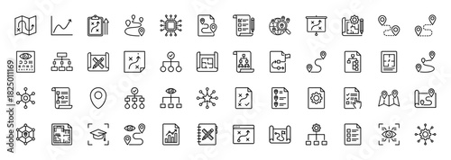 Strategy and planning line icon set. Vector pictograms of roadmap, checklist, chart, goal, and process, thin linear illustration.