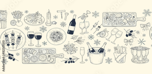 Hand-drawn seamless banner featuring various festive foods and drinks, including wine, cheese, and appetizers for a celebration or holiday party