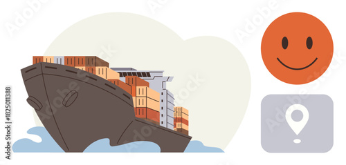 Cargo ship loaded with containers on water, orange happy face, and location marker icon. Ideal for logistics, shipping, trade, success, teamwork transportation navigation concepts. Simple flat