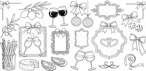 Elegant Celebration Elements Wine, Frames, and Decorative Accents in Black and White
