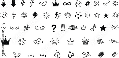 Diverse Black and White Icon Set Featuring Lightning Bolts, Crowns, Hearts, Stars, and More for Graphic Design