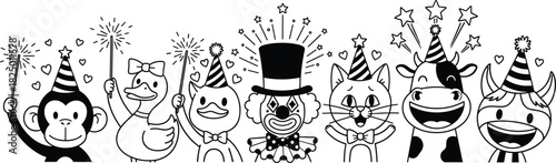 Whimsical Cartoon Animals Celebrating with Party Hats and Sparklers