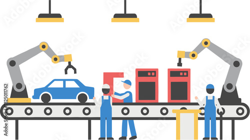 Automated car manufacturing assembly line with robotic arms and workers.
