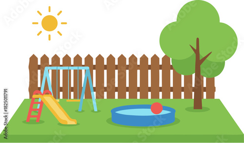 Kids backyard playground with a swing set slide and inflatable pool.