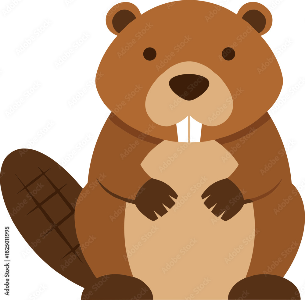 Fototapeta premium Cute cartoon beaver character with large front teeth isolated on white.