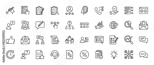 Feedback and survey line icon set. Vector pictograms of checklist, rating stars, analytics, chat, and question marks, thin linear illustration.
