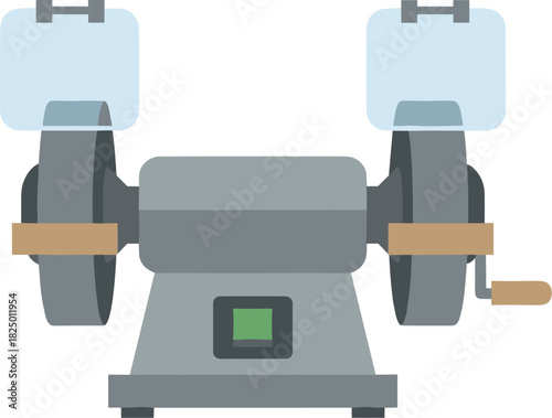 Industrial bench grinder power tool with two abrasive wheels.