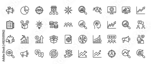 Business and marketing line icon set. vector pictograms of magnifying glass, chart, store, target, and feedback, thin linear illustration.