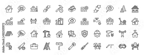 Construction and home repair line icon set. Vector pictograms of hammer, bricks, wrench, toolbox, house, and power tools, thin linear illustration.