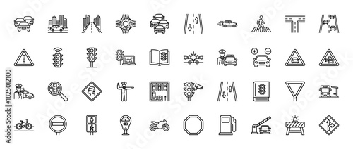 Traffic and transportation outline icon set. Vector pictograms of cars, signs, lights, police, and pedestrians, thin linear illustration.