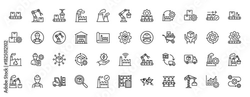 Manufacturing and industry line icon set. Vector pictograms of factory, robot, conveyor, warehouse, worker, forklift, gears, production and logistics linear illustration.