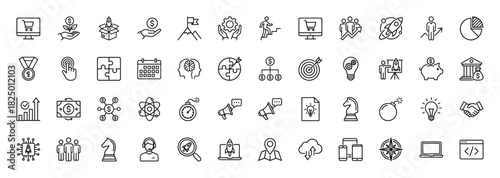 Business and startup line icon set. Vector pictograms of teamwork, strategy, finance, and technology concepts, thin linear illustration.