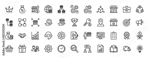 Business and commerce line icon set. Vector pictograms of store, gears, money, growth, and target, thin linear illustration.