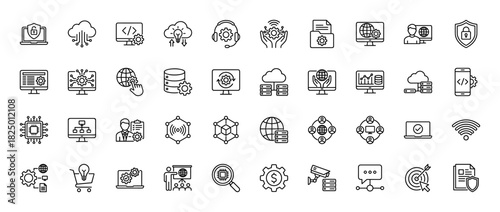 Information technology line icon set. Vector pictograms of database, cloud computing, programming, security, and global network, thin linear illustration.