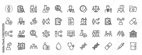 Medical and scientific research line icon set. Vector pictograms of syringe, dna, microscope, brain, and pills, thin linear illustration.