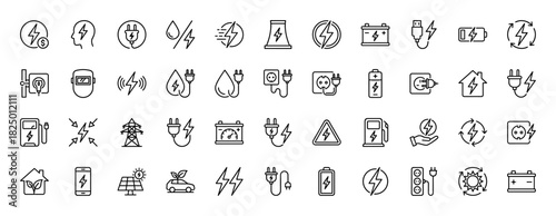 Energy and electricity line icon set. Vector pictograms of battery, power plug, charging station, and solar panel, thin linear illustration.