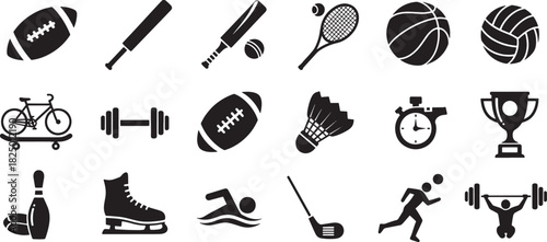 Sport icon vector set showing silhouette symbol of fitness activity equipment and ball for competition and recreation, concept of exercise athletic lifestyle and training