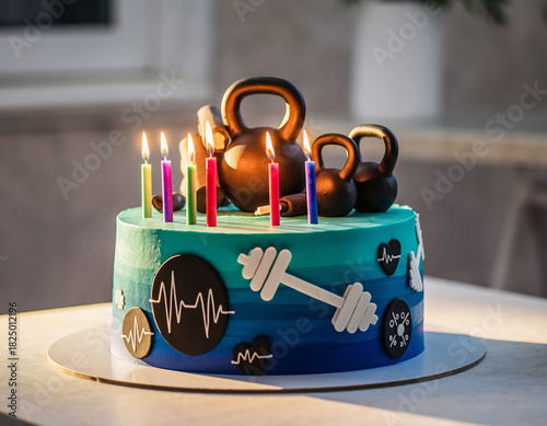 Fitness-Themed Birthday Cake with Weights, Kettlebells and Sporty Decorations