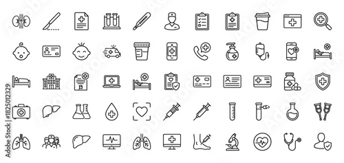 Medical care and healthcare line icon set. Vector pictograms of syringe, hospital, ambulance, heart, and kidney, thin linear illustration.
