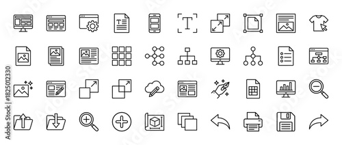 Design and development line icon set. Vector pictograms of web pages, files, settings, and folders, thin linear illustration.