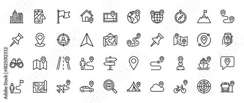 Navigation and travel line icon set. Vector pictograms of map pin, route, compass, and destinations, thin linear illustration.