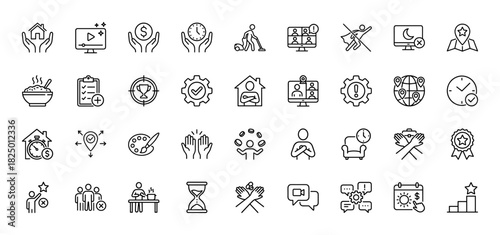 Business and work-life balance line icon set. Vector pictograms of teamwork, remote work, time management, and financial success, thin linear illustration.