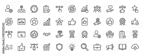 Quality assurance and satisfaction line icon set. Vector pictograms of feedback, rating, checklist, medal, and success, thin linear illustration.