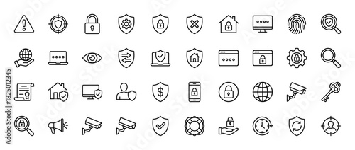Security and protection line icon set. Vector pictograms of shield, lock, key, cctv, and fingerprint, thin linear illustration.