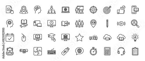Education and learning line icon set. Vector pictograms of graduation cap, computer, book, brain, and certificate, thin linear illustration.