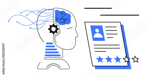 Artificial intelligence analyzing a resume with neural connections, gear integration, and 5-star rating. Ideal for HR automation, technology, analytics, recruitment, data processing, innovation