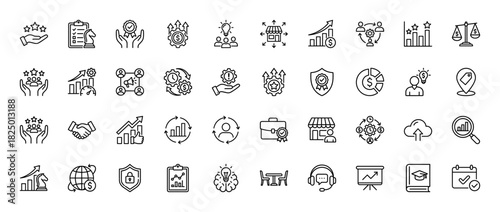 Business and finance line icon set. Vector pictograms of growth charts, strategic planning, commerce, and success, thin linear illustration.