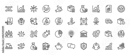 Business and finance line icon set. Vector pictograms of growth chart, money bag, delivery truck, and security shield, thin linear illustration.