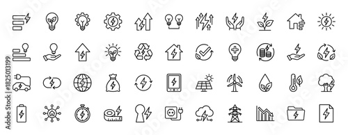Energy and power line icon set. Vector pictograms of light bulb, solar panel, electric vehicle, wind turbine, and battery, thin linear illustration.