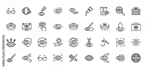 Ophthalmology and optometry line icon set. Vector pictograms of eye exams, eyeglasses, contacts, and laser surgery, thin linear illustration.