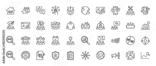 Business and management line icon set. Vector pictograms of teamwork, communication, analysis, and strategy, thin linear illustration.