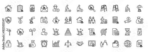 Retirement planning and pension line icon set. vector pictograms of rocking chair, calendar, money bag, hourglass, and investment chart, thin linear illustration.