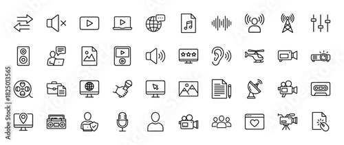 Media and communication line icon set. Vector pictograms of camera, player, speaker, and music notes, thin linear illustration.