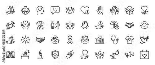 Charity and donation line icon set. Vector pictograms of hearts, giving hands, gift box, and health care symbols, thin linear illustration.