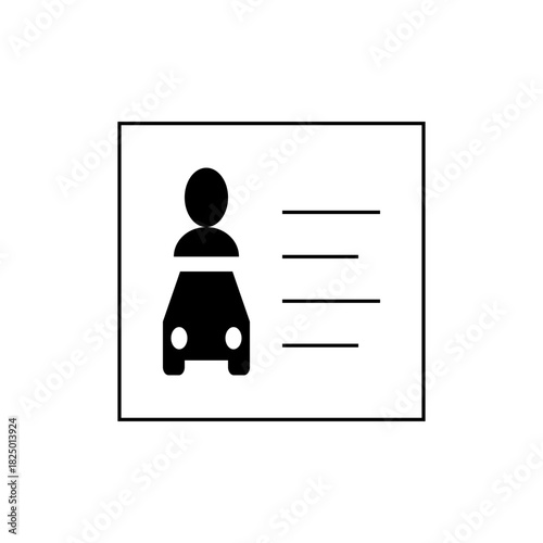 Black and white driver's license icon with person and car silhouette and text lines in a rectangular frame