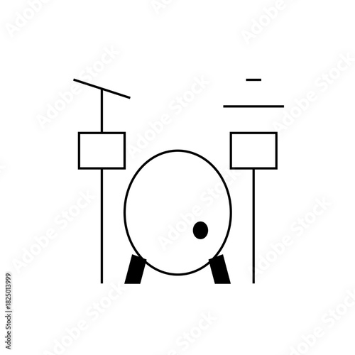 Minimalist line drawing of a drum set featuring a bass drum, snare drum, and cymbal on a white background