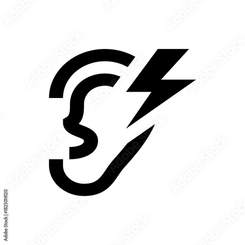Stylized ear with sound waves and a lightning bolt suggesting hearing damage or tinnitus illustration