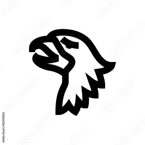 Illustration of an eagle head with sharp beak and feathers in black outline on a white background view
