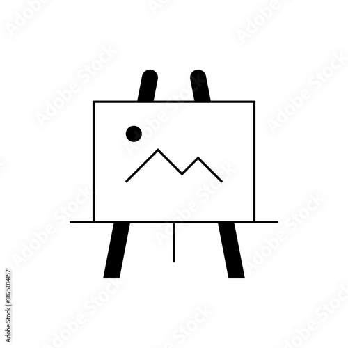 Illustration of an easel with a canvas displaying a mountain range and a dot representing the sun or moon